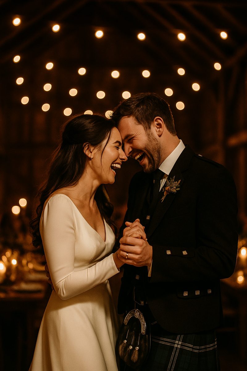 Newlyweds sharing a first dance under festoon lights