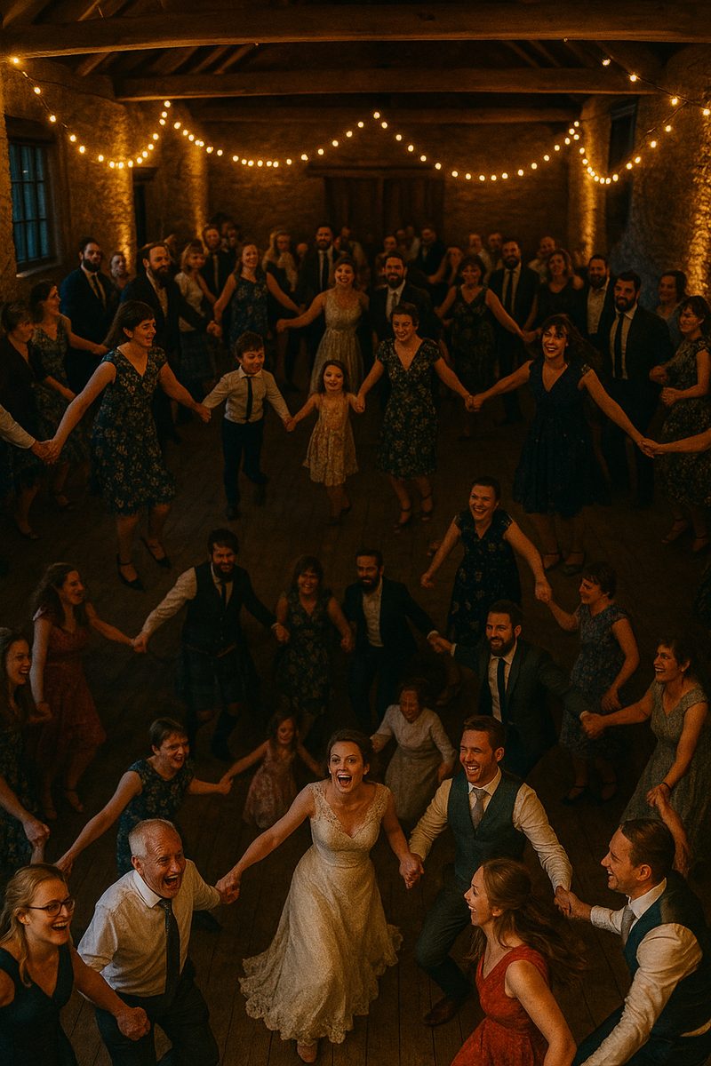A packed function hall mid-ceilidh