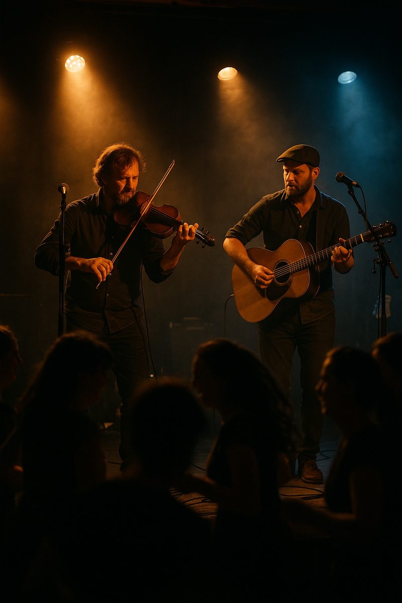 The band performing on stage in warm light